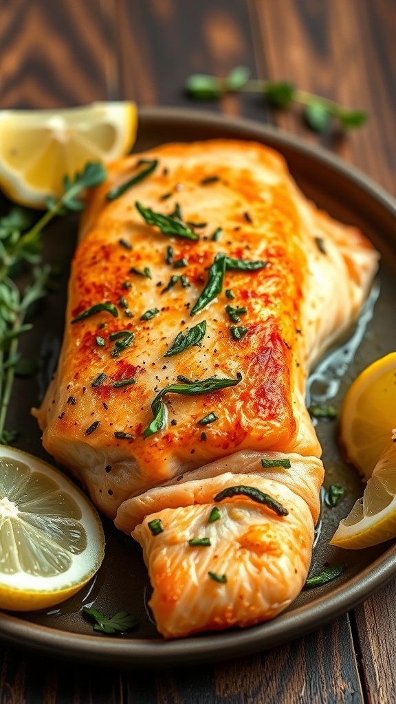 Air Fryer Salmon Recipe Air fryer salmon fillet garnished with herbs and lemon wedges on a rustic table.
